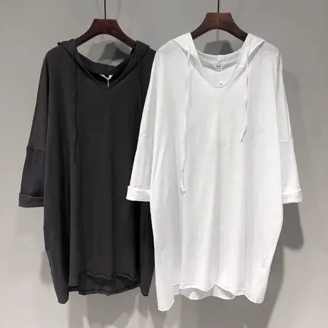 ins超火中长款连帽长袖T恤女春秋宽松大码设计感竹节棉打底衫上衣图片