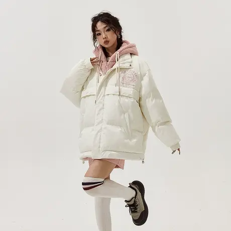 YEP潮牌假两件羊羔毛连帽亮面棉衣外套女冬季韩版加厚白色棉服图片