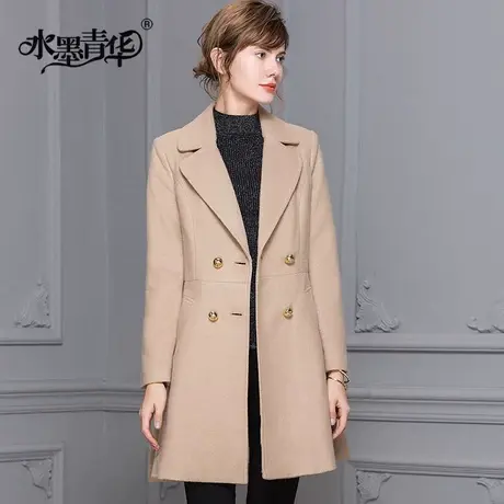 水墨青华2023冬季新品中长款百搭毛呢外套女时尚显瘦保暖大衣商品大图