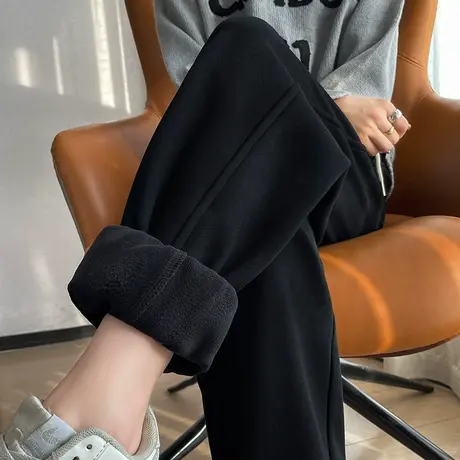 黑色加绒运动裤女冬季新款小个子休闲高腰宽松显瘦阔腿束脚卫裤子商品大图