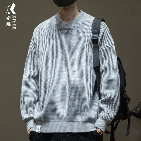 希越重磅华夫格毛衣男秋冬高级感V领针织衫宽松大码百搭纯色上衣商品大图