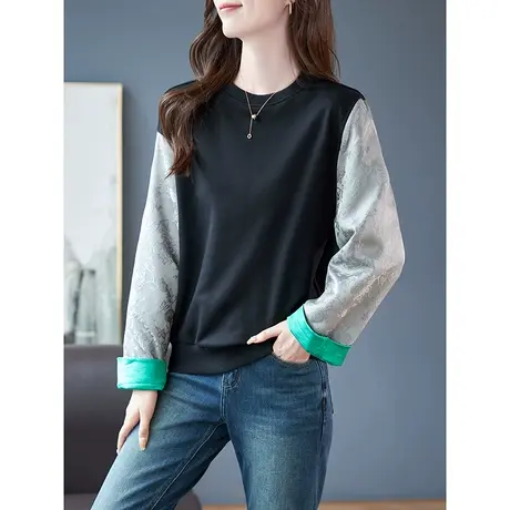 宝诗黎圆领刺绣落肩长袖拼接卫衣棉质宽松上衣女装2023春秋季新款商品大图