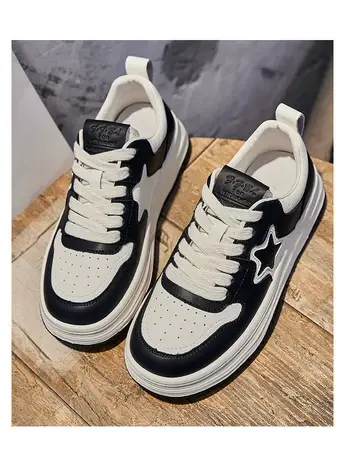 真皮小白鞋女休闲板鞋黑色2023新款爆款秋季星星百搭运动圆头女鞋商品大图