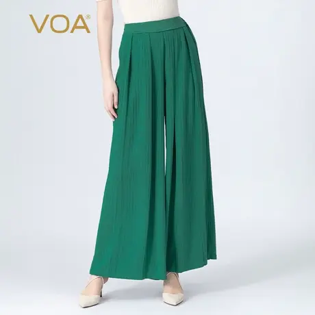 VOA41姆米重磅真丝无界拼接乔其纱中腰褶皱休闲绿色宽桑蚕丝腿裤图片