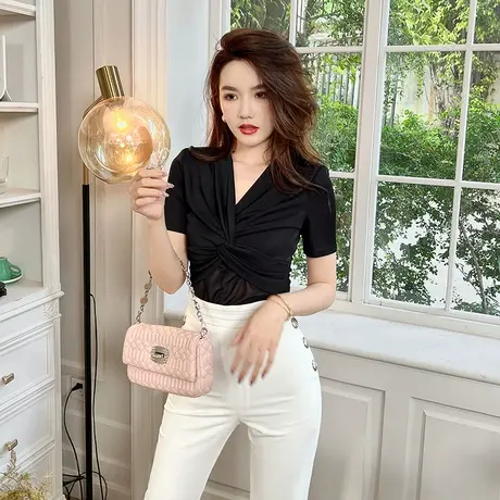 设计感裹胸V领打底衫t恤女2024夏新款气质百搭小心机网纱短袖上衣商品大图