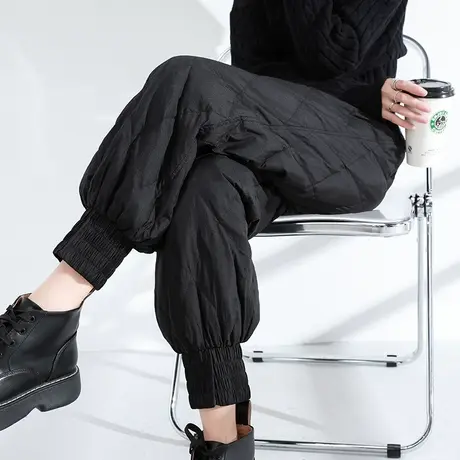 黑色羽绒裤女外穿时尚秋冬季开叉高腰哈伦束脚保暖棉裤加绒灯笼裤图片