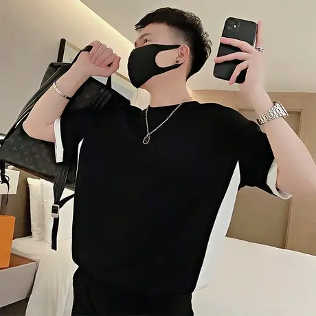 夏季假两件拼接T恤ins潮牌半袖2023新款男装上衣半截袖痞帅体恤衫商品大图