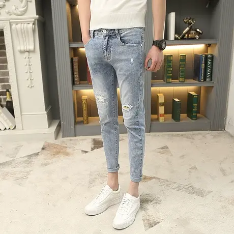 裤子男潮流韩版社会人时尚小伙九分牛仔裤潮牌修身小脚裤网红破洞商品大图