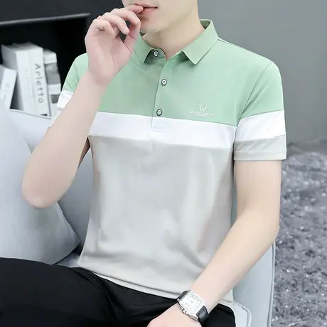 拼接撞色翻领Polo衫男士2025夏季新款翻领短袖T恤商务休闲打底衫商品大图