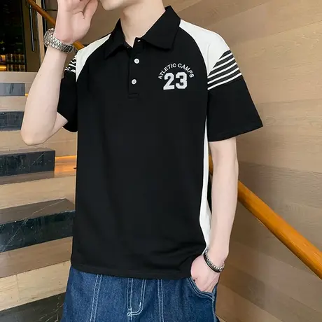 2023夏季拼接撞色刺绣短袖t男POLO衫韩版潮牌休闲翻领男装T恤纯棉商品大图