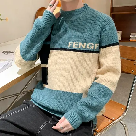 青少年撞色圆领套头毛衣男加厚秋冬季长袖宽松针织衫保暖大童线衣商品大图