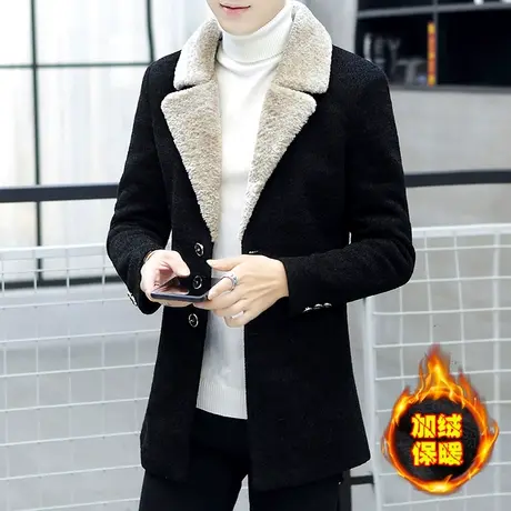 男士冬季加绒加厚风衣外套中长款西装领带毛领保暖男装毛呢子大衣图片
