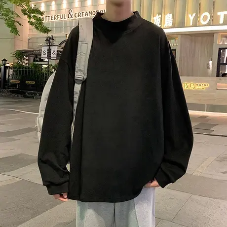 德绒长袖打底衫男春秋季半高领宽松ins潮牌针织衫内搭纯色基础款商品大图