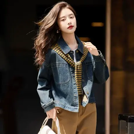 时尚气质休闲牛仔外套女士2023年秋季新款百搭显瘦设计感夹克上衣商品大图