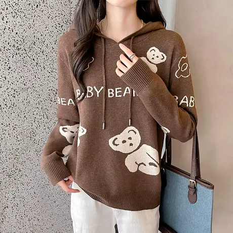 卡通提花连帽针织毛衣女秋冬宽松外穿洋气新款爆款内搭打底衫上衣图片