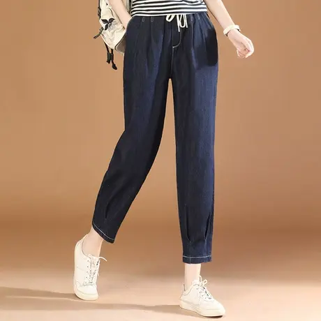 韩潮袭人松紧腰宽松牛仔九分裤女2024夏季新款休闲小脚哈伦裤薄款商品大图