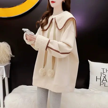 海军领卫衣女加绒加厚中长款2023新款秋冬洋气减龄宽松设计感上衣图片