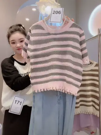 小众高级感针织衫女夏款法式洋气减龄复古条纹短款小个子穿搭上衣图片