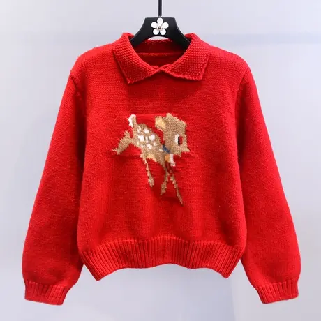 polo领复古圣诞小鹿毛衣女冬季2023新款宽松洋气减龄短款针织上衣商品大图