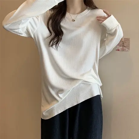 ins超火中长款长袖T恤女春秋宽松百搭纯色内搭打底小衫闺蜜装上衣商品大图