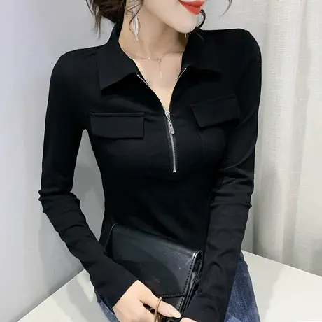 加绒打底衫女秋冬时尚拉链V领长袖T恤洋气百搭女装加厚保暖上衣潮商品大图