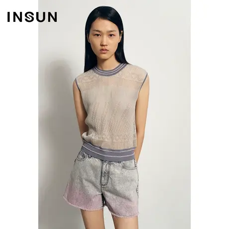 恩裳夏季网纱感拼接束腰衣襟毛针织衫商品大图