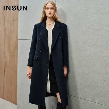 INSUN恩裳专选冬季马里亚纳蓝戗驳领廓形羊毛大衣商品大图