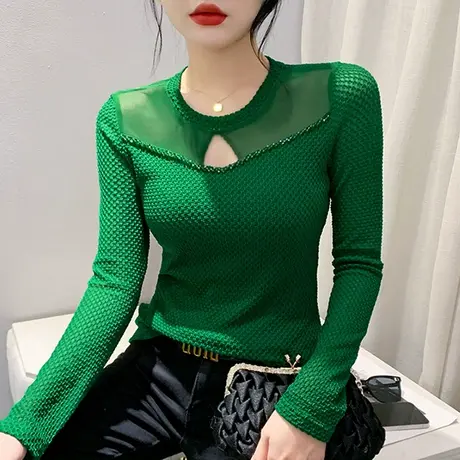 性感2024秋冬镂空T恤女长袖性感网纱钉珠上衣洋气修身减龄打底衫商品大图