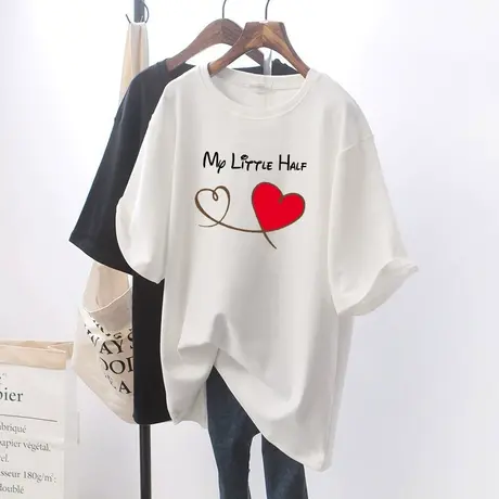 纯棉短袖t恤女2023年夏季新款韩版字母印花胖mm宽松中长款上衣潮商品大图