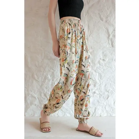 弥古雪纺花裤子女夏薄款束脚裤波西米亚灯笼裤阔腿长裤度假沙滩裤商品大图