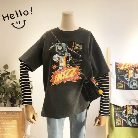 2019秋冬款韩国东大门ins慵懒风嘻哈搞怪磨毛加厚T恤假两件套大码商品大图