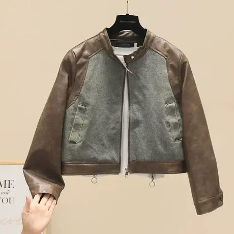 复古撞色假两件拼皮皮衣牛仔外套女2023秋小个子宽松显瘦夹克上衣图片