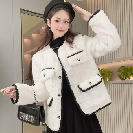白色小香风羊羔绒外套女秋冬2022新款气质高级感毛绒绒加厚短外套商品大图