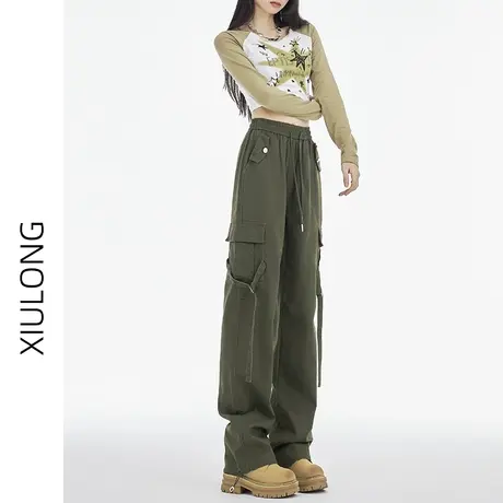 高腰军绿色工装裤女秋春秋2023年新款速干休闲裤阔腿裤美式运动裤图片