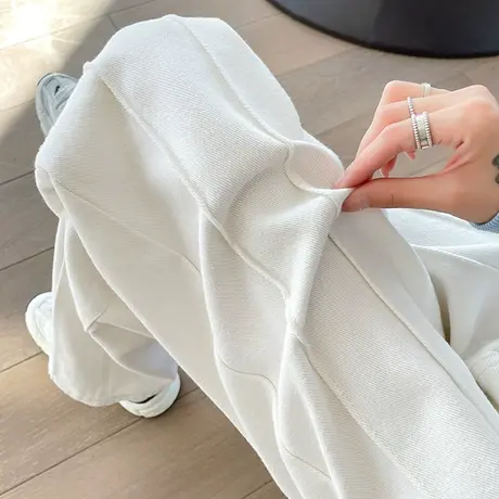 加绒白色阔腿牛仔裤女秋冬新款高腰宽松加厚设计感直筒拖地长裤潮图片