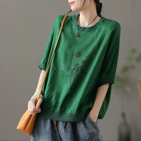 dza复古麻料短袖t恤夏季薄款亚麻上衣女士宽松打底漂亮棉麻体恤衫商品大图