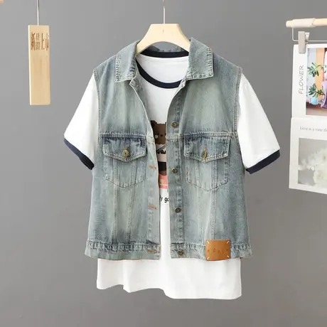 复古怀旧港味短款牛仔马甲外套女夏季新款薄款坎肩宽松小个子马夹图片