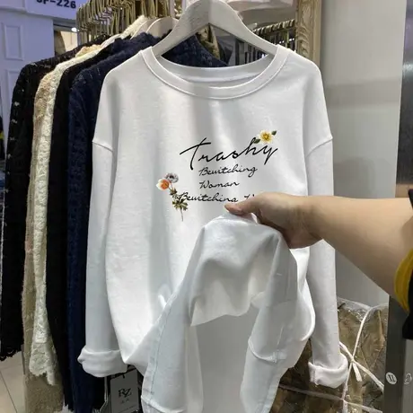 磨毛纯棉中长款长袖T恤女加厚韩版春秋冬装新款宽松打底衫上衣潮图片