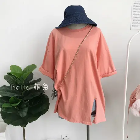 ins超火短袖t恤女夏装2020新款韩版潮纯色开叉宽松显瘦半袖上衣服商品大图