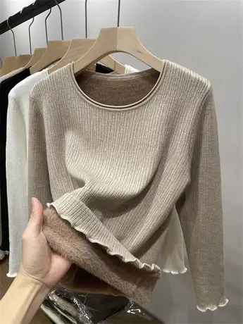 加绒加厚针织衫内搭保暖圆领毛衣女秋冬季低领一体绒木耳边打底衫图片