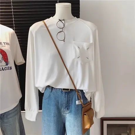 口袋设计感小众长袖T恤女秋冬德绒磨毛打底衫内搭加厚加绒上衣潮商品大图