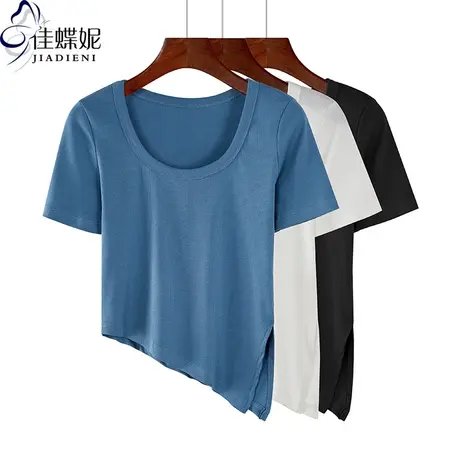 夏季新款韩版圆领纯棉修身短款不规则开叉短袖体恤上衣内搭打底女商品大图