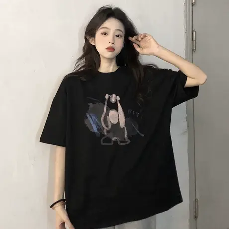 韩系chic大码宽松t恤女百搭休闲别致ins潮设计感减龄纯棉短袖上衣图片