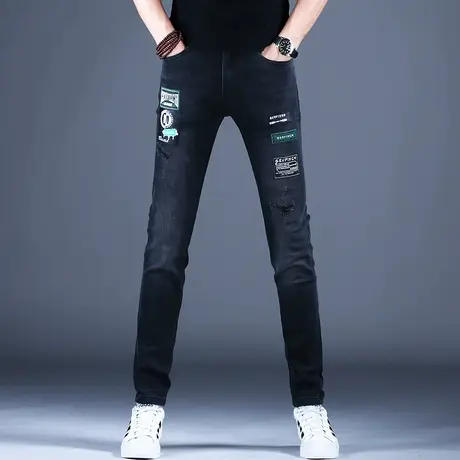 男士欧洲站破洞刺绣牛仔裤男款秋冬季修身小脚裤子2023新款烟灰色商品大图
