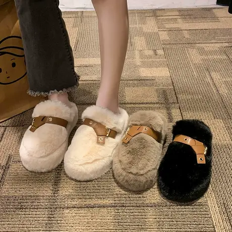 踩屎感厚底包头拖鞋女外穿2024新款冬季增高小个子时尚防滑毛毛鞋商品大图