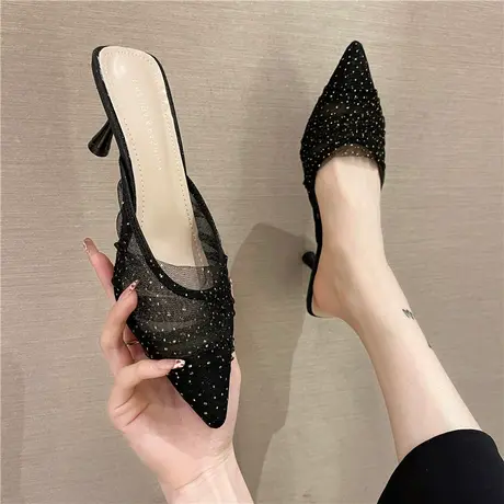 高跟鞋细跟尖头半拖鞋女外穿2024年新款包头网纱凉鞋穆勒仙气拖鞋商品大图