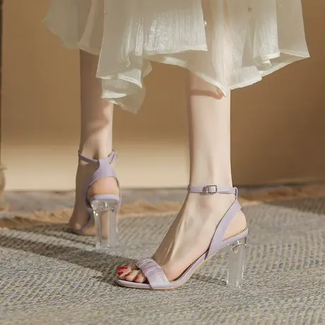 一字扣带凉鞋女2024年夏季新款性感粗跟仙女风透明高跟鞋气质名媛图片