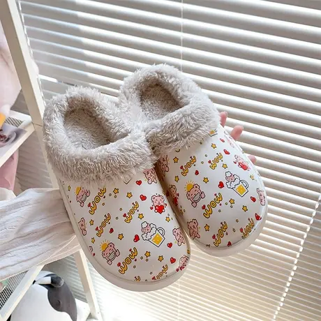 卡通印花熊防水毛绒棉拖鞋女秋冬情侣居家用防滑保暖包头拖鞋外穿商品大图
