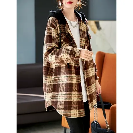 宝诗黎拼接连帽格子宽松毛呢外套2024春季新款落肩开衫上衣女休闲图片