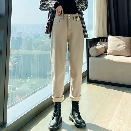 加绒牛仔裤女冬季2023新款秋冬米白色高腰显瘦加厚哈伦萝卜老爹裤商品大图